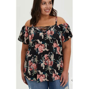 Torrid Size 2 Plus Georgette Lace-Up Cold Shoulder Top - Black Floral Blouse